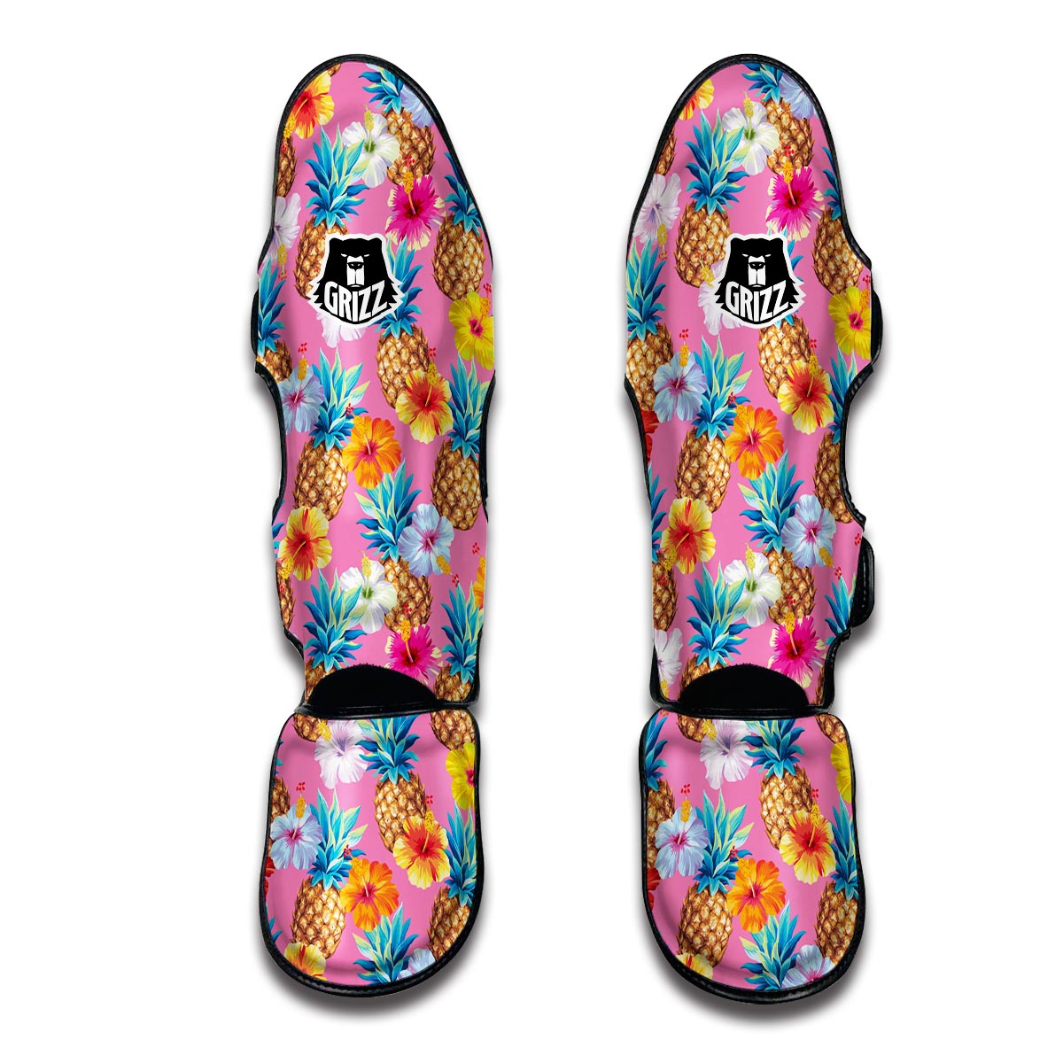 Pink Tropical Hawaiian Hibiscus Pineapple Print Muay Thai Shin Guards-grizzshop