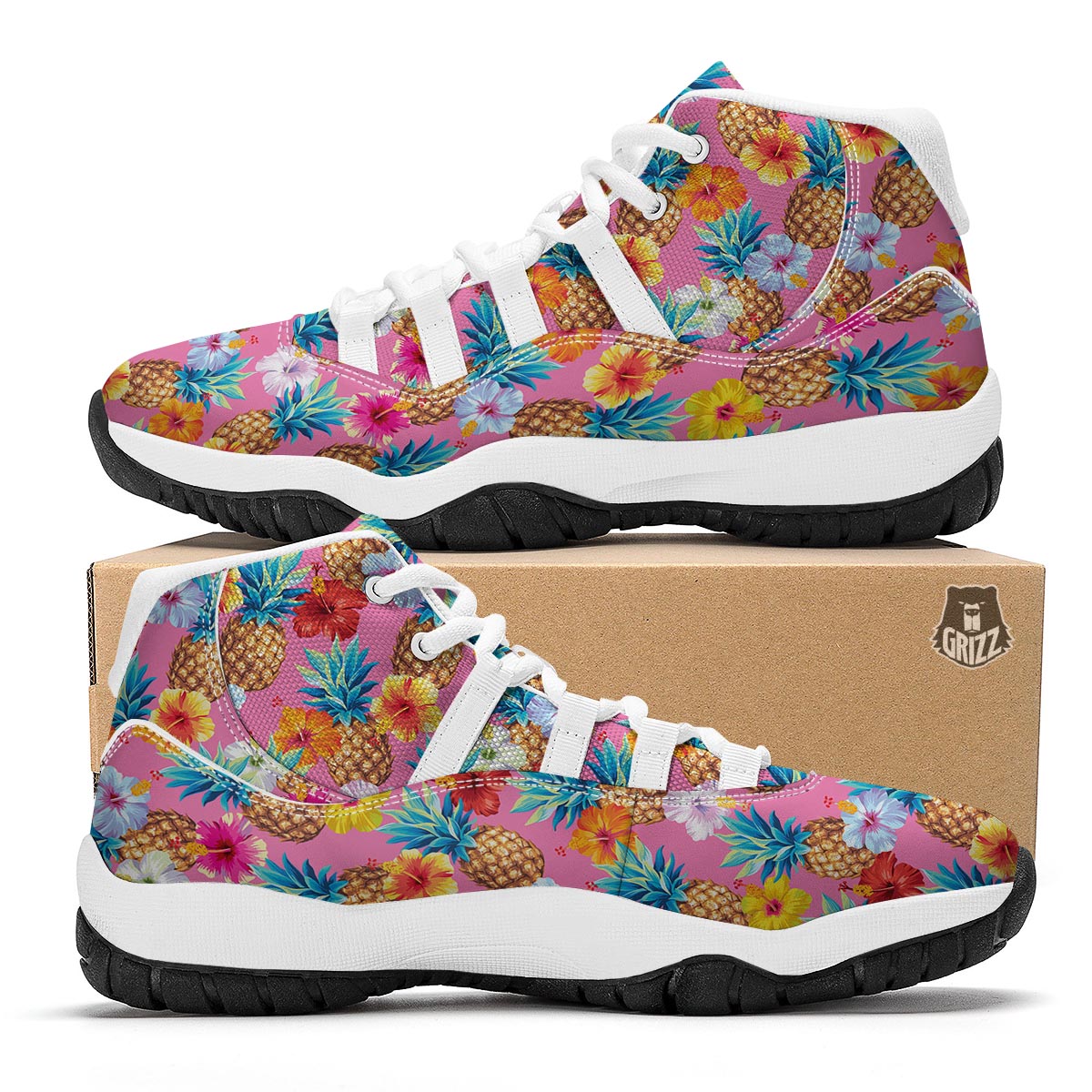 Pink Tropical Hawaiian Hibiscus Pineapple Print White Bball Shoes-grizzshop
