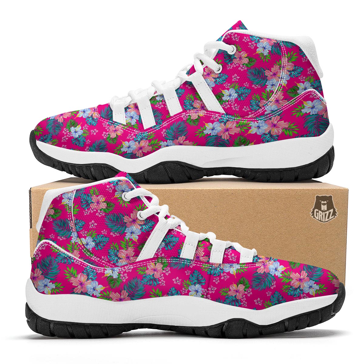 Pink Tropical Hibiscus White Bball Shoes-grizzshop