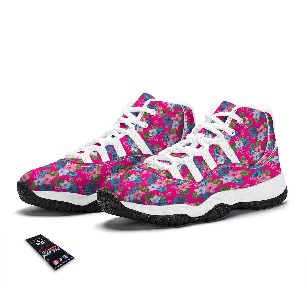 Pink Tropical Hibiscus White Bball Shoes-grizzshop