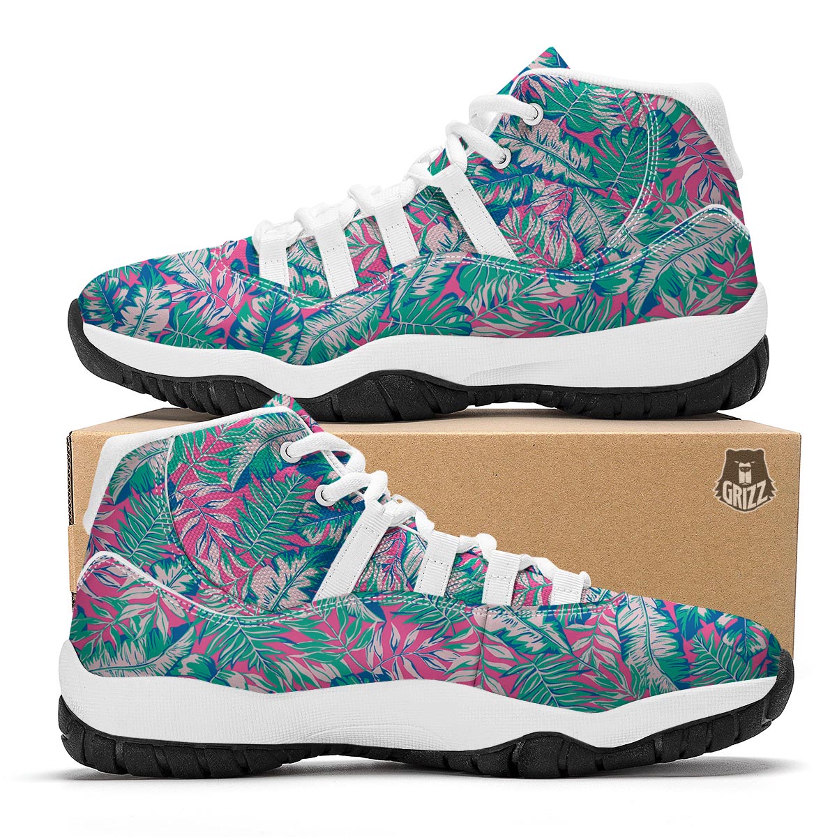 Pink Tropical Palm Leaves Hawaiian Pattern Print White Bball Shoes-grizzshop