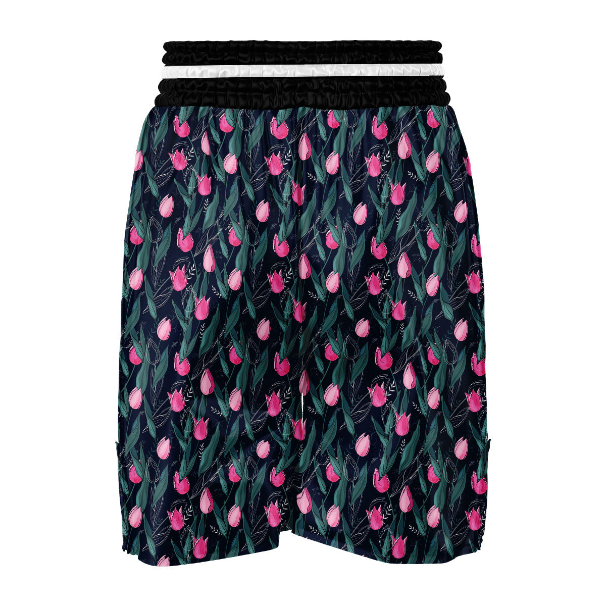 Pink Tulip And Black Print Pattern Boxing Shorts-grizzshop