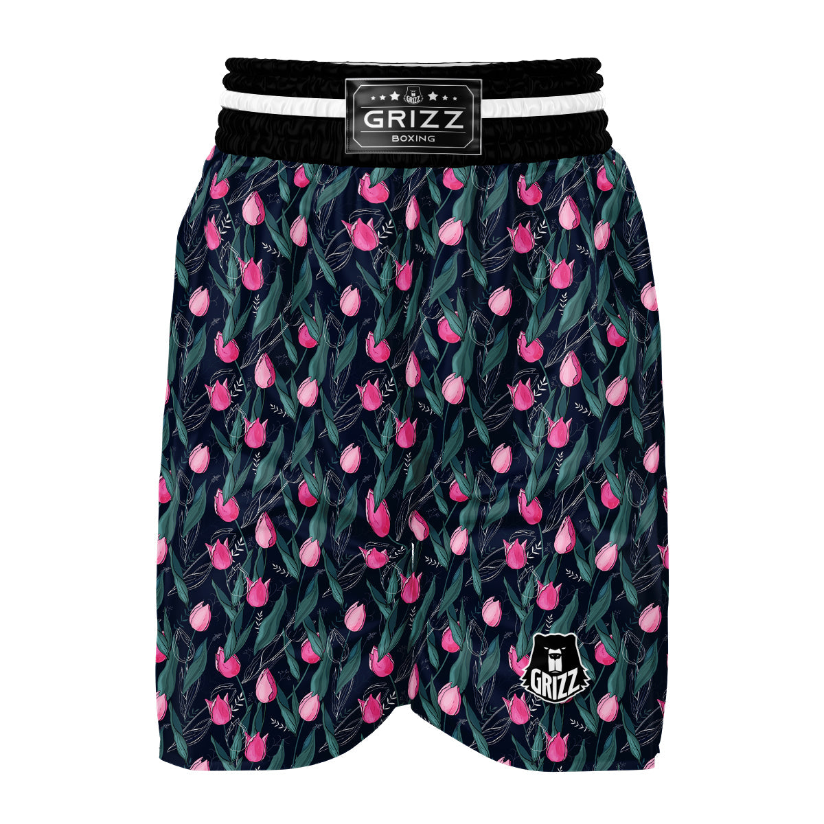 Pink Tulip And Black Print Pattern Boxing Shorts-grizzshop