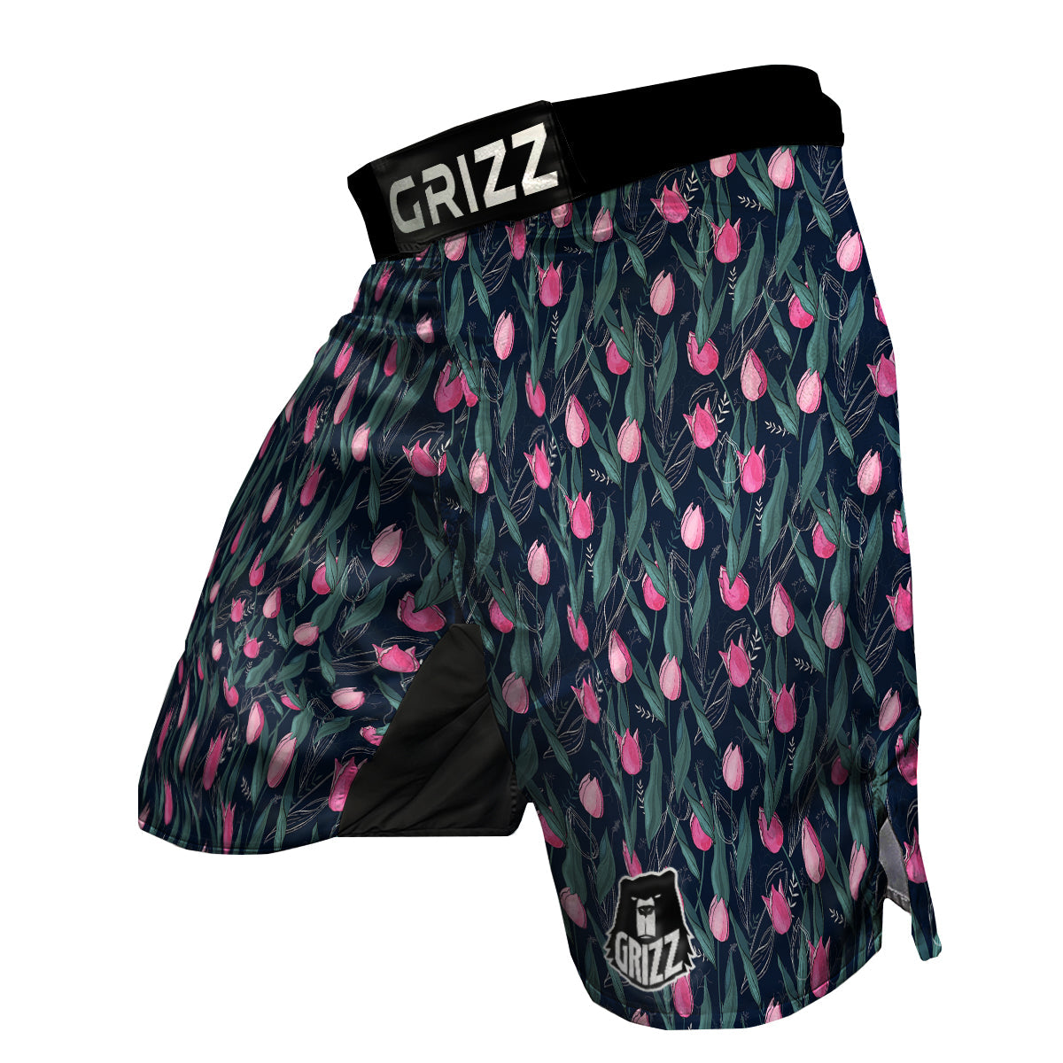 Pink Tulip And Black Print Pattern MMA Shorts-grizzshop