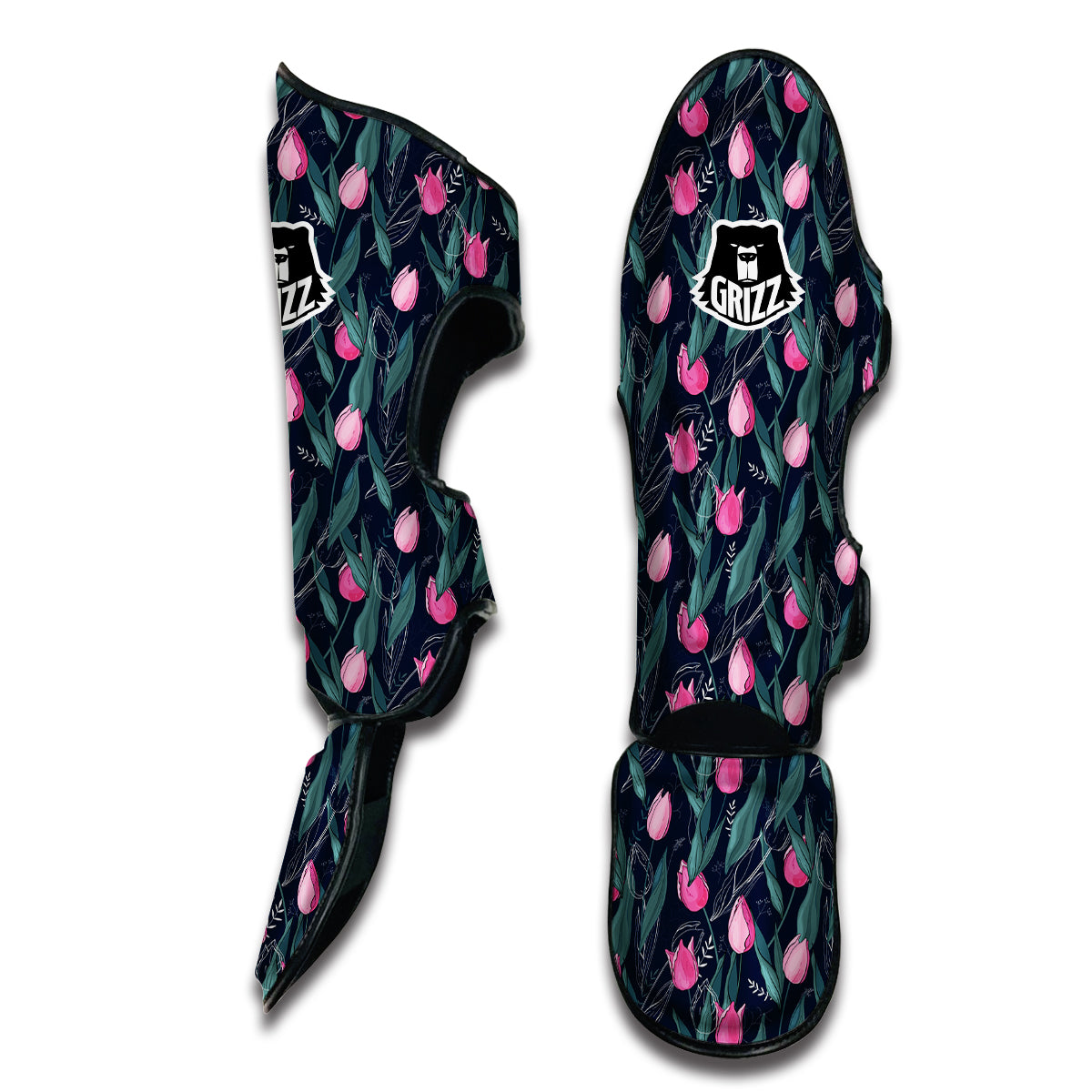 Pink Tulip And Black Print Pattern Muay Thai Shin Guards-grizzshop