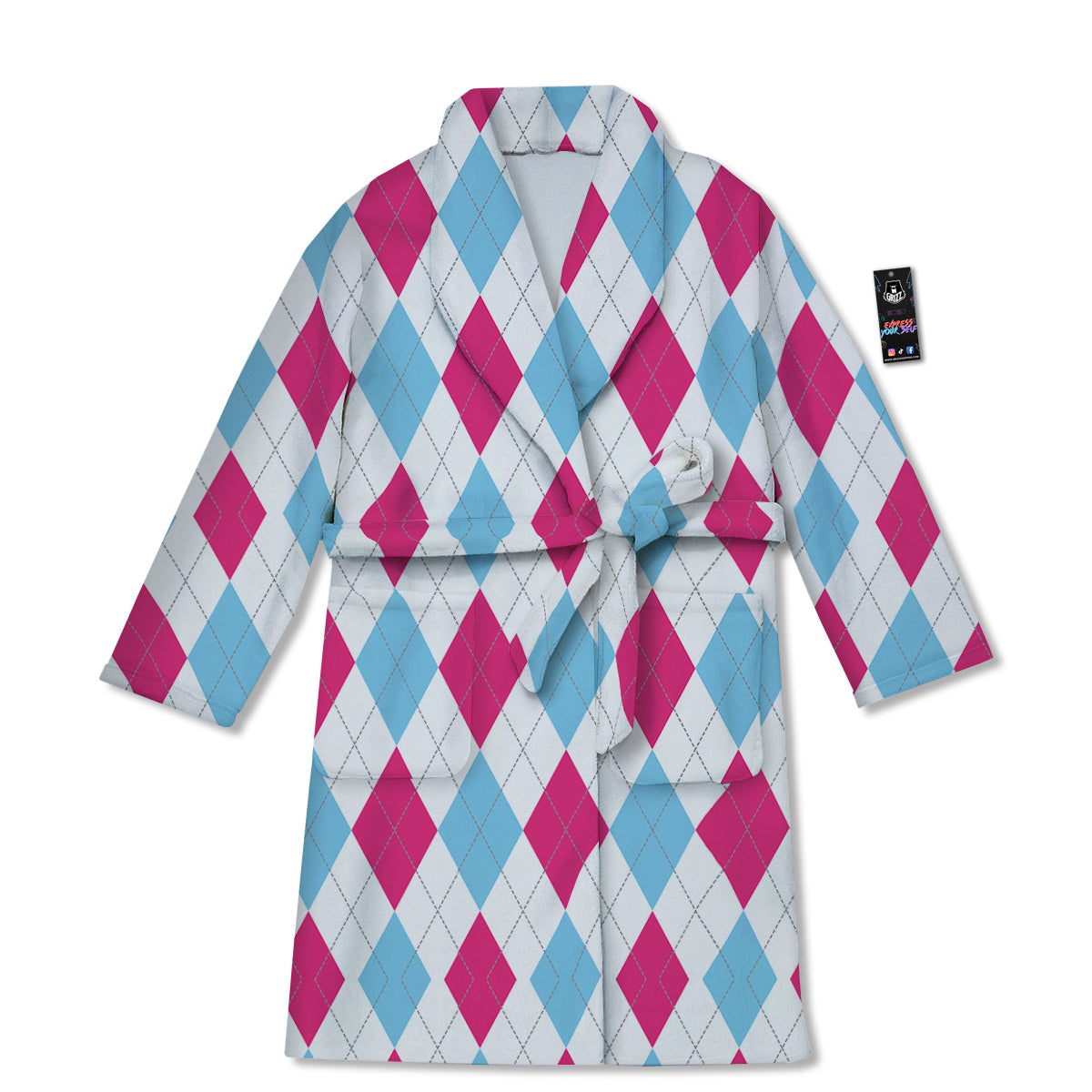 Pink White And Blue Argyle Print Pattern Bathrobe-grizzshop