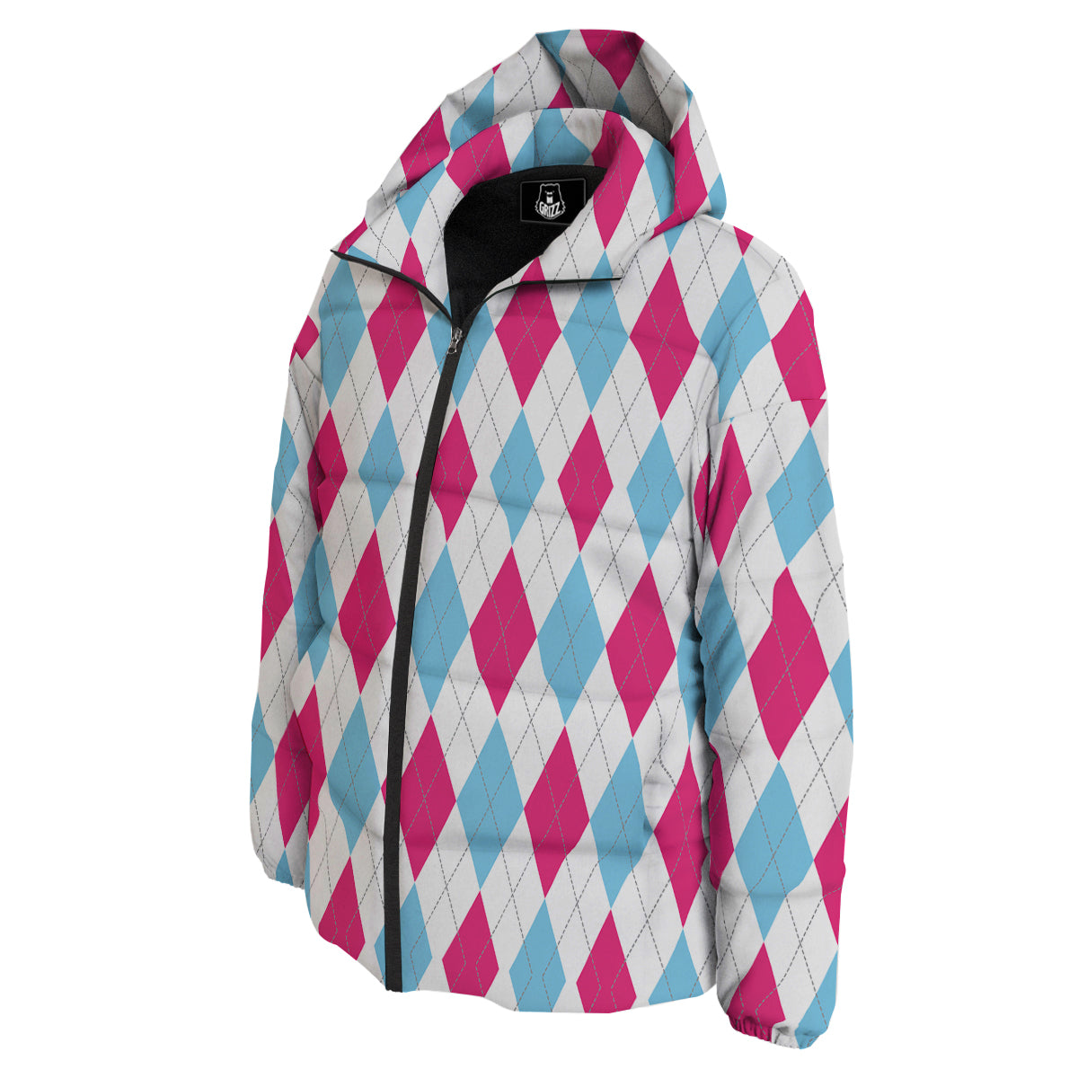 Pink White And Blue Argyle Print Pattern Down Jacket-grizzshop