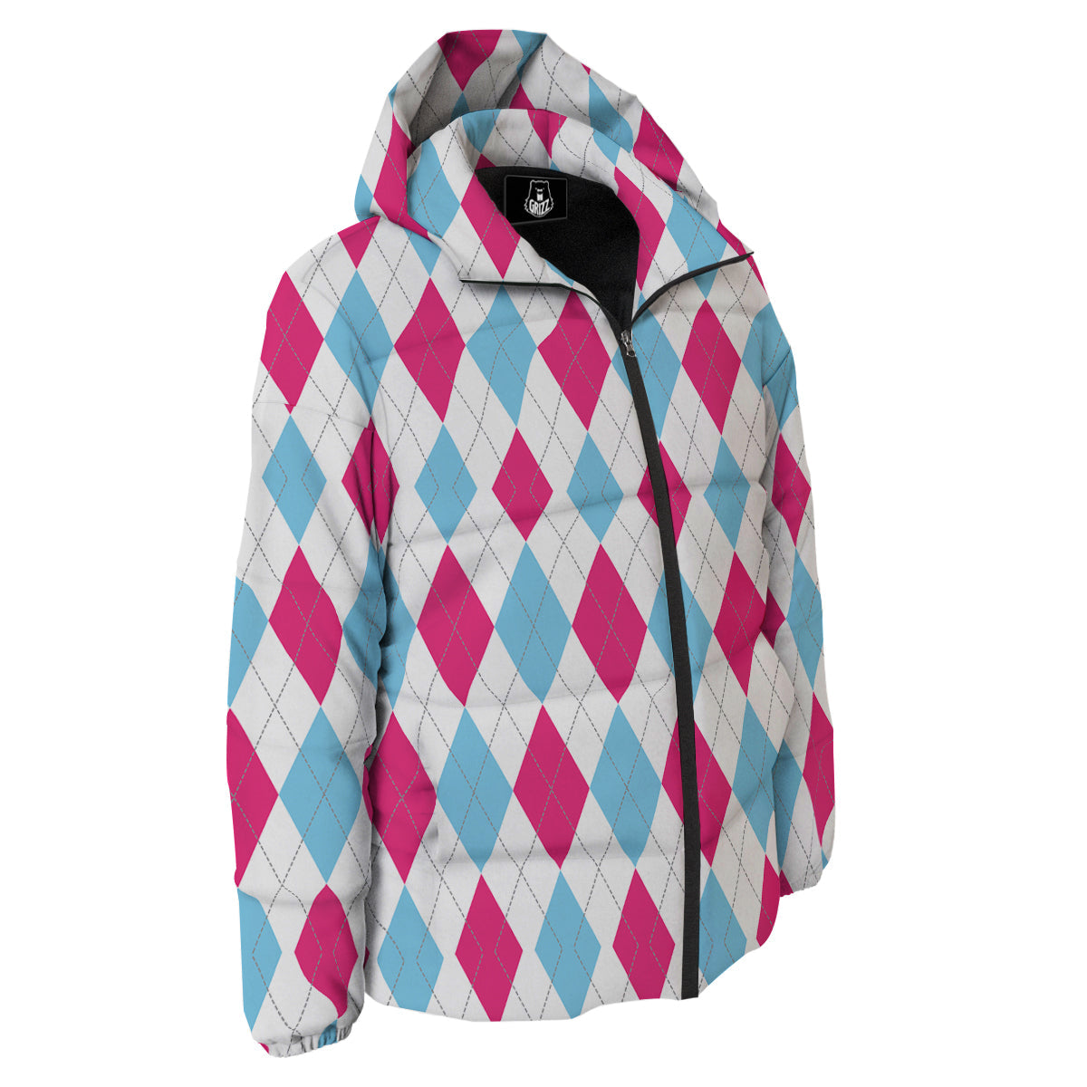 Pink White And Blue Argyle Print Pattern Down Jacket-grizzshop