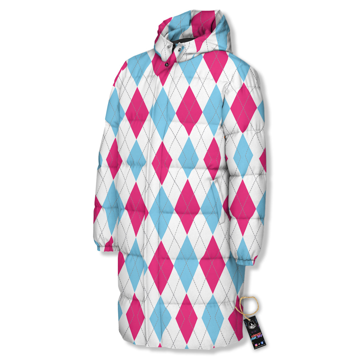 Pink White And Blue Argyle Print Pattern Long Down Jacket-grizzshop
