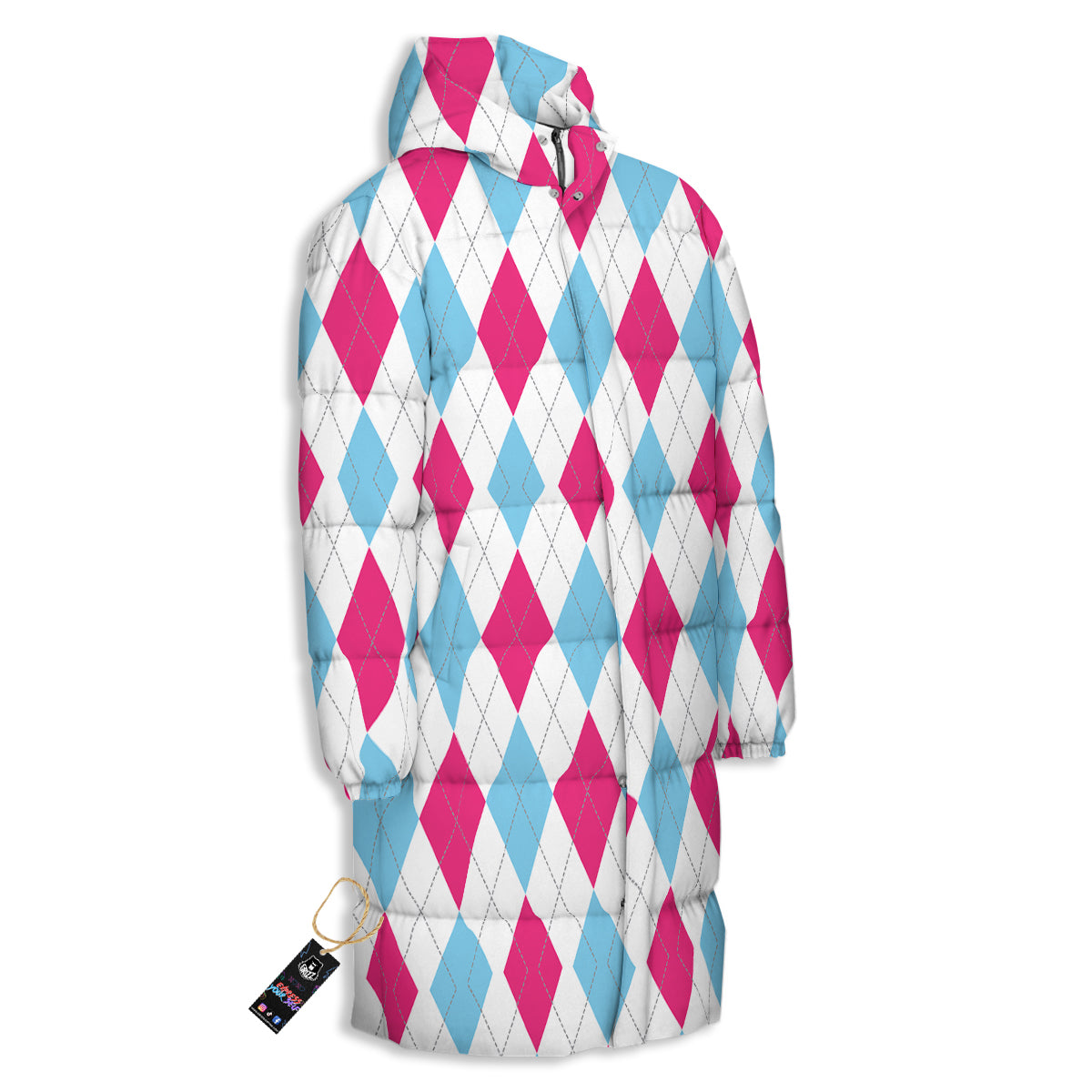 Pink White And Blue Argyle Print Pattern Long Down Jacket-grizzshop