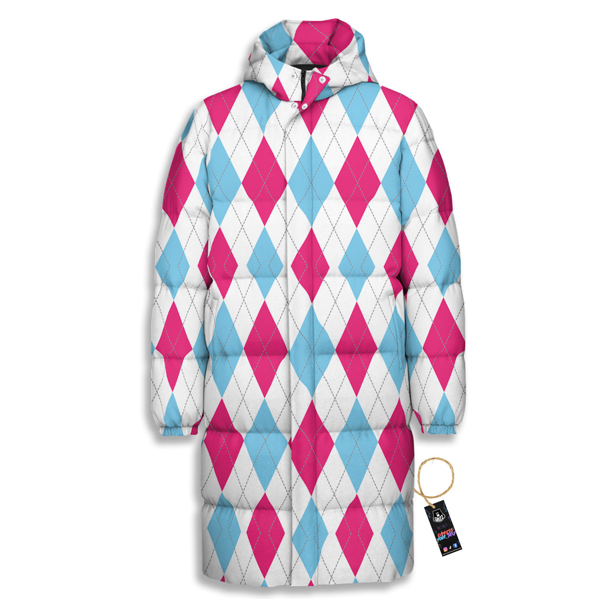 Pink White And Blue Argyle Print Pattern Long Down Jacket-grizzshop