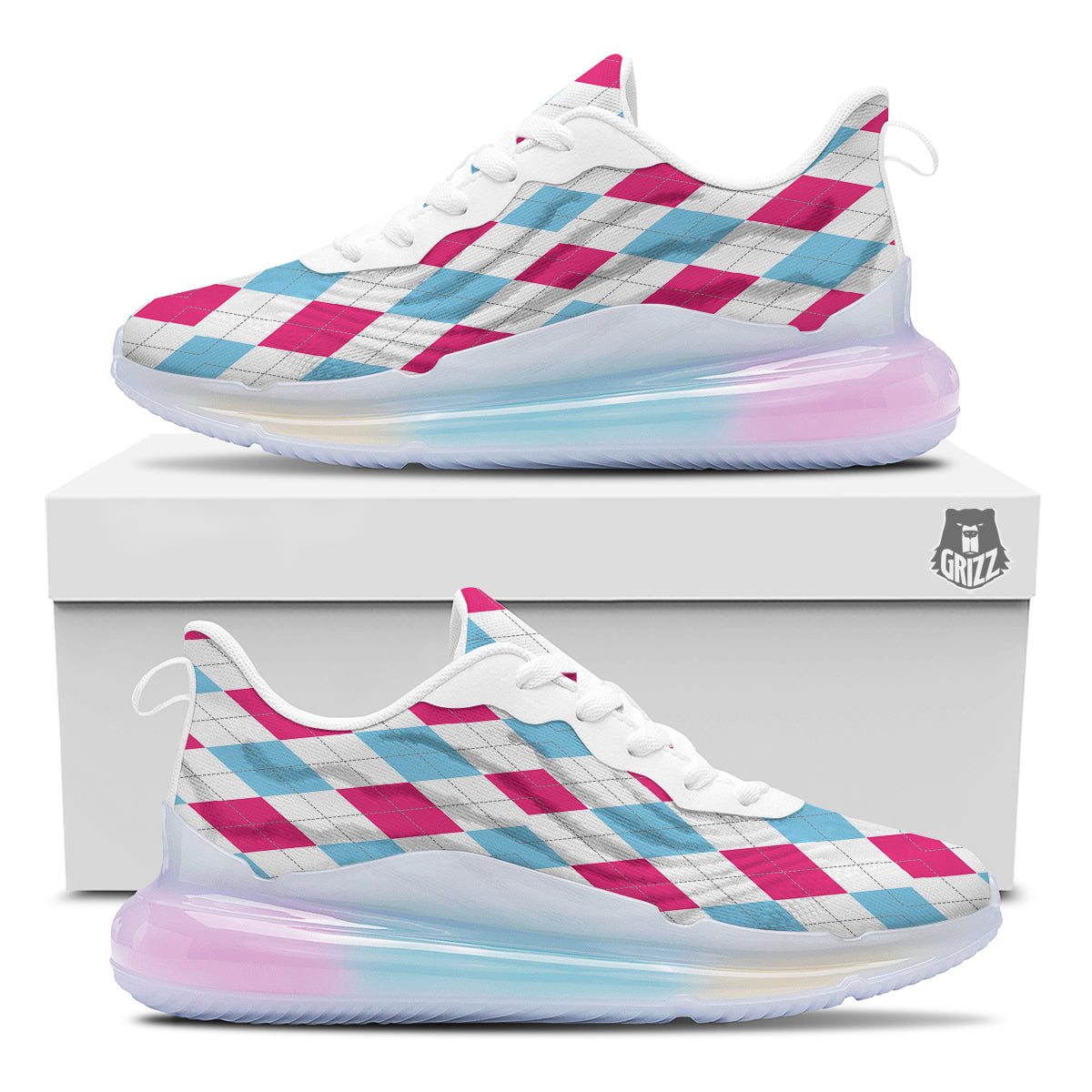 Pink White And Blue Argyle Print Pattern Running Sneakers-grizzshop