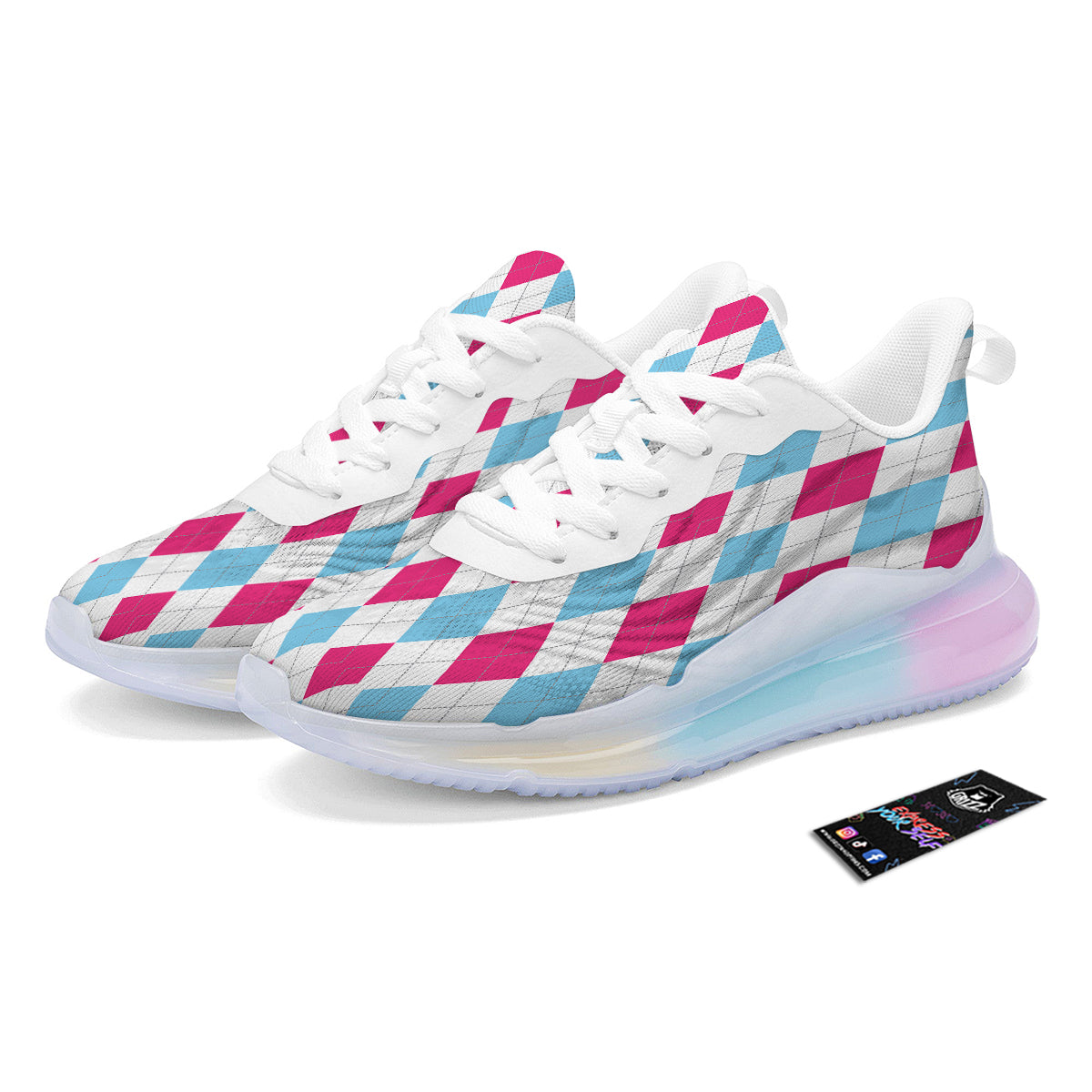 Pink White And Blue Argyle Print Pattern Running Sneakers-grizzshop