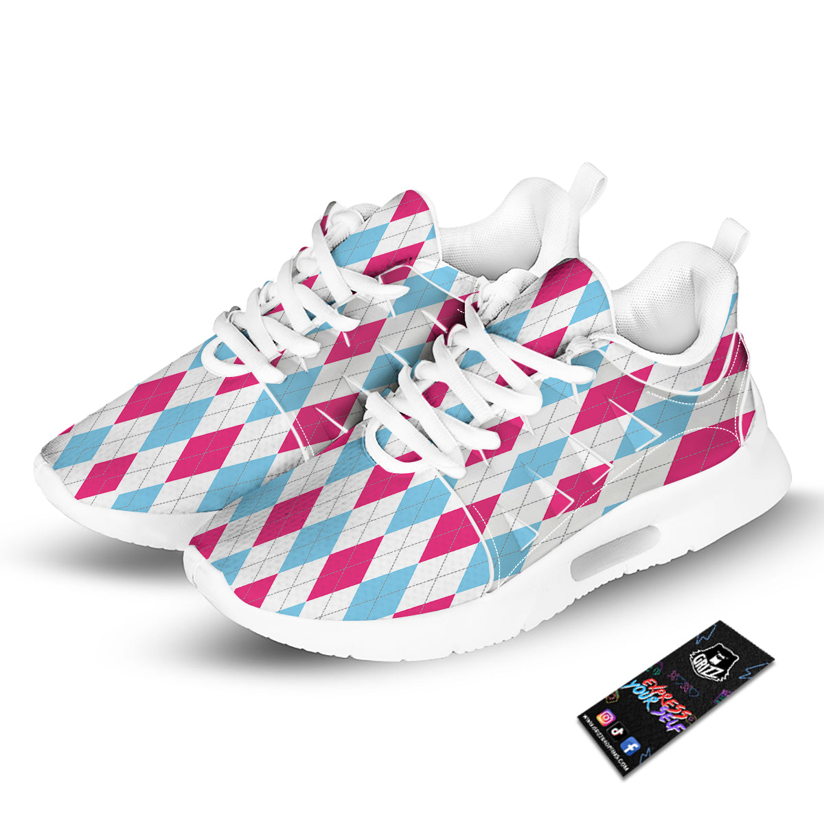 Pink White And Blue Argyle Print Pattern Tennis Shoes-grizzshop