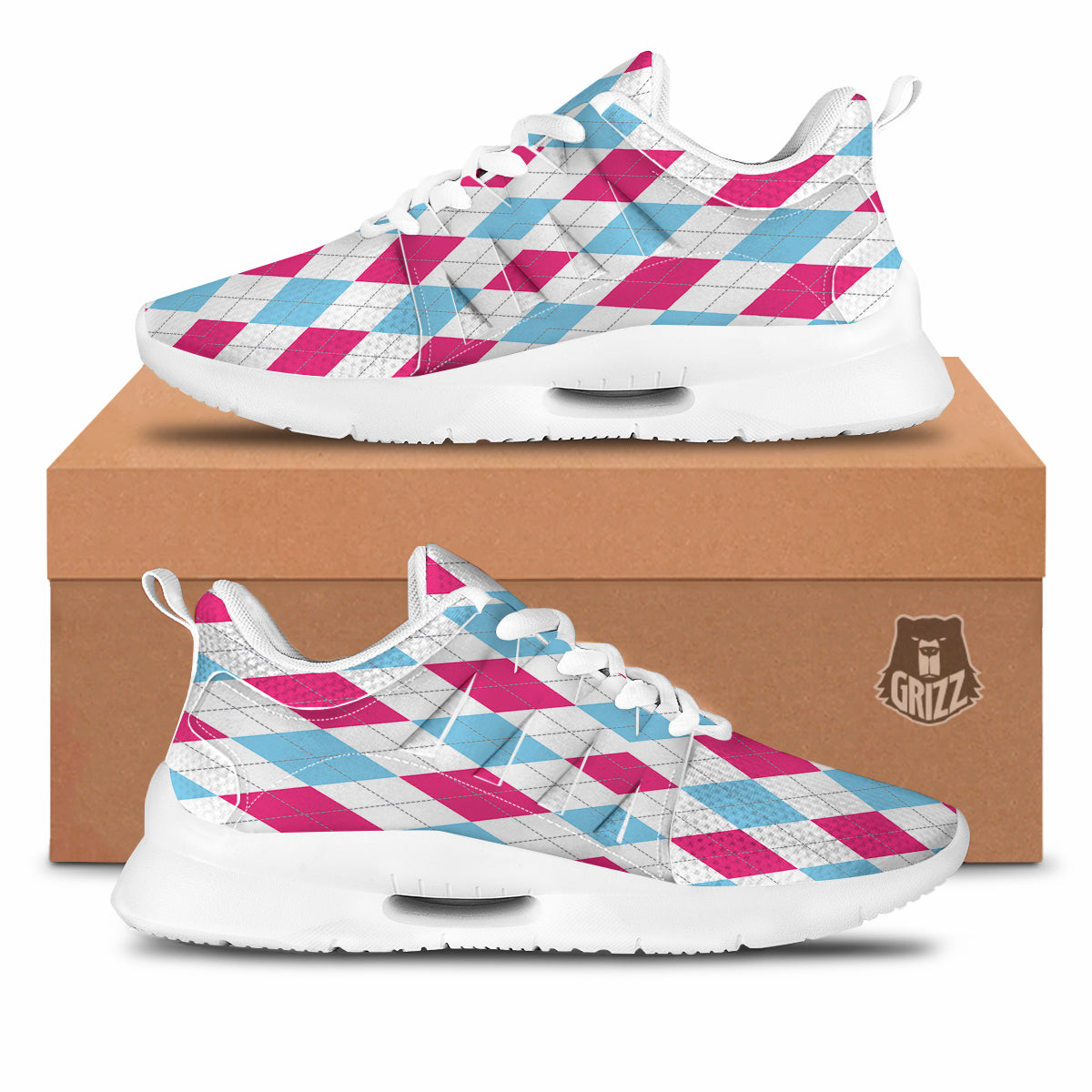 Pink White And Blue Argyle Print Pattern Tennis Shoes-grizzshop
