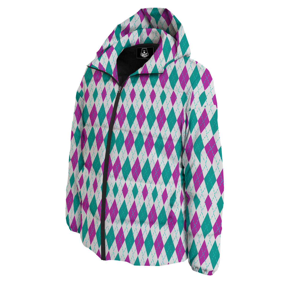 Pink White And Green Argyle Print Pattern Down Jacket-grizzshop