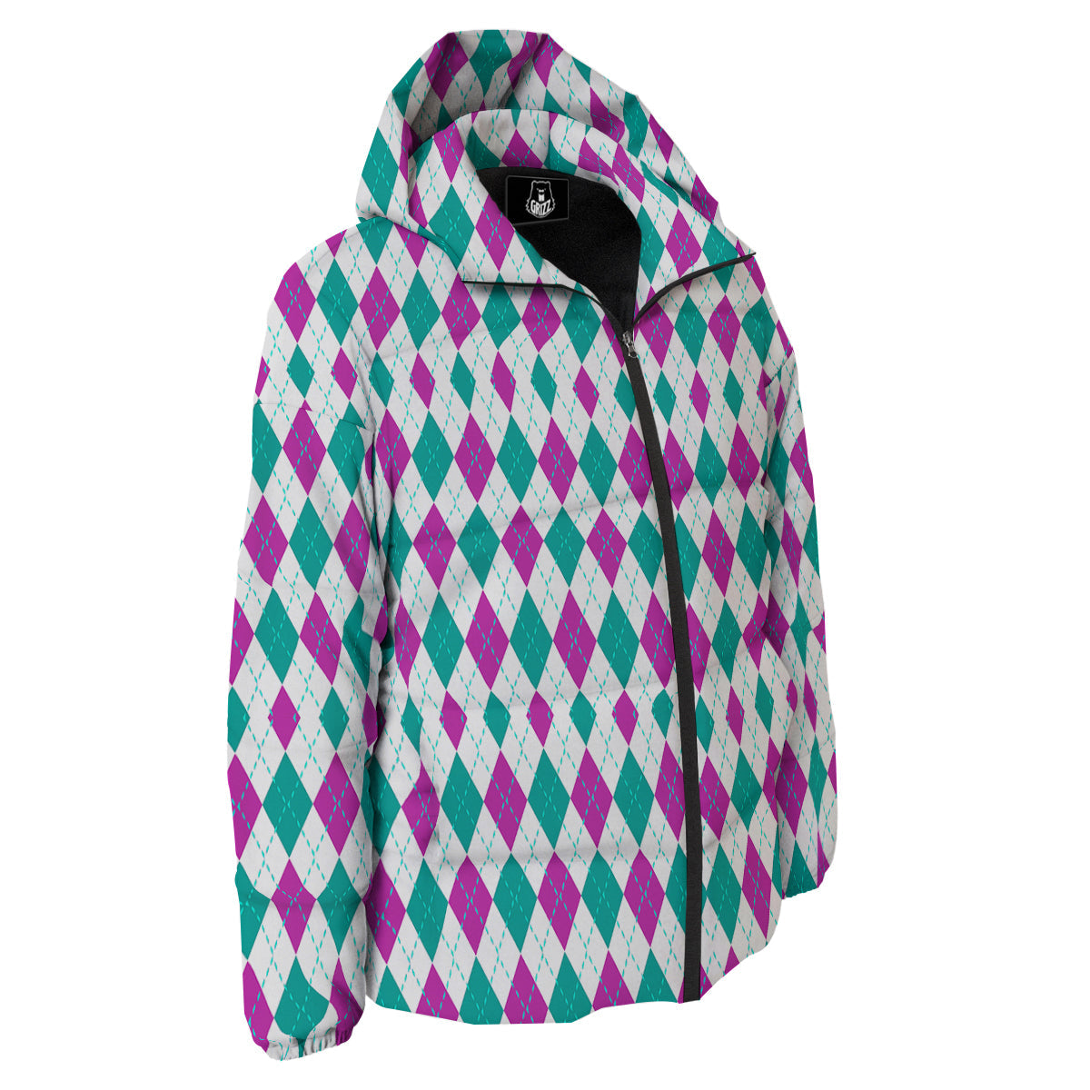 Pink White And Green Argyle Print Pattern Down Jacket-grizzshop