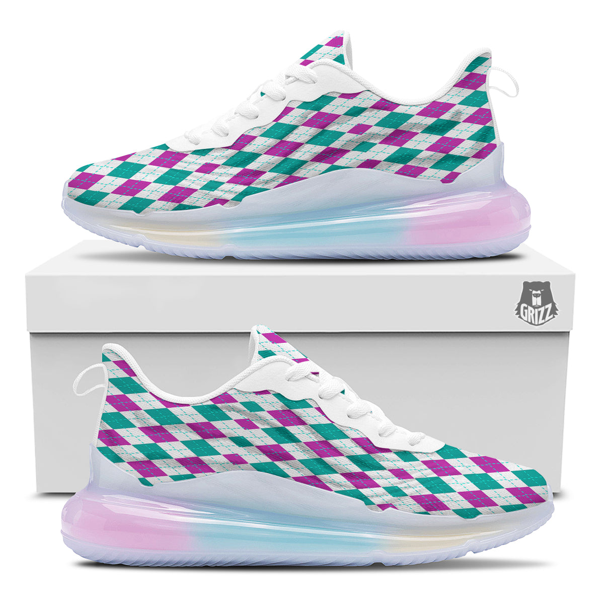 Pink White And Green Argyle Print Pattern Running Sneakers-grizzshop