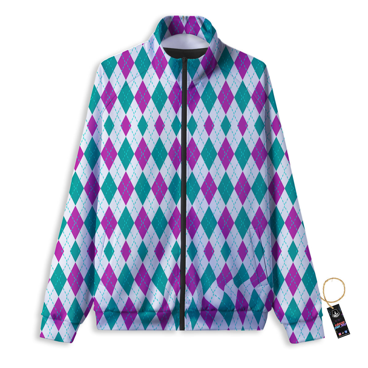 Pink White And Green Argyle Print Pattern Track Jacket-grizzshop