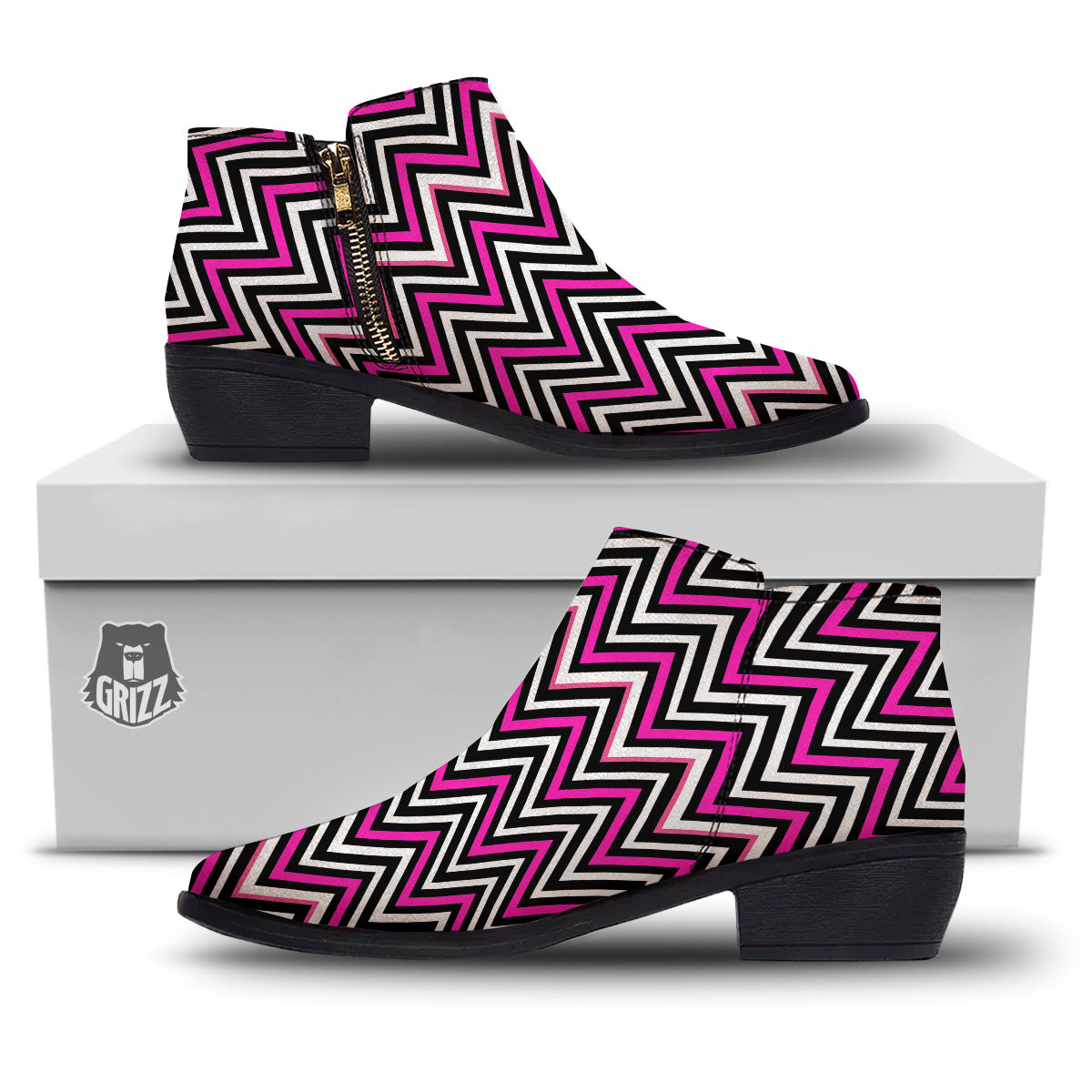 Pink White Black Zigzag Print Pattern Ankle Boots-grizzshop