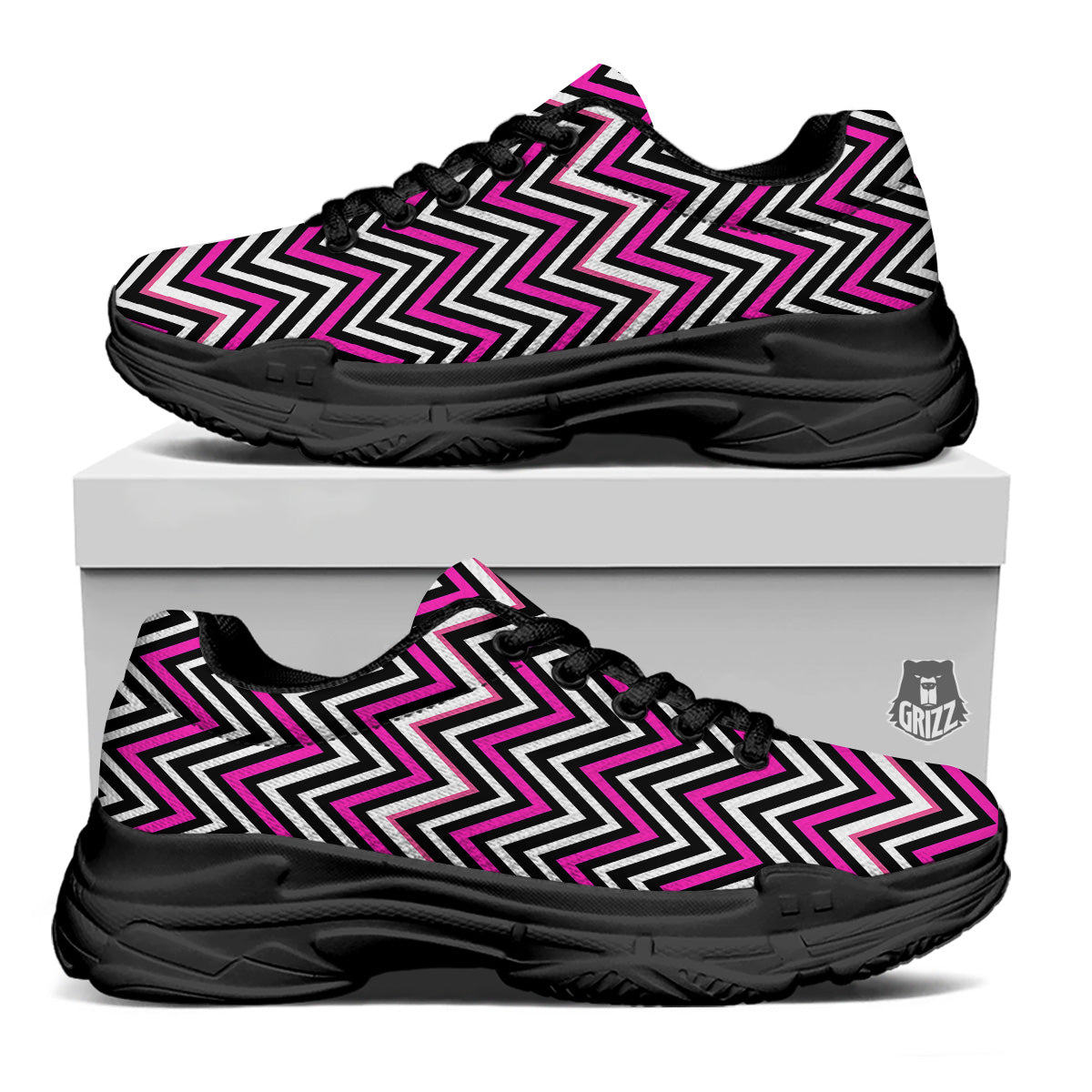 Pink White Black Zigzag Print Pattern Black Chunky Shoes-grizzshop