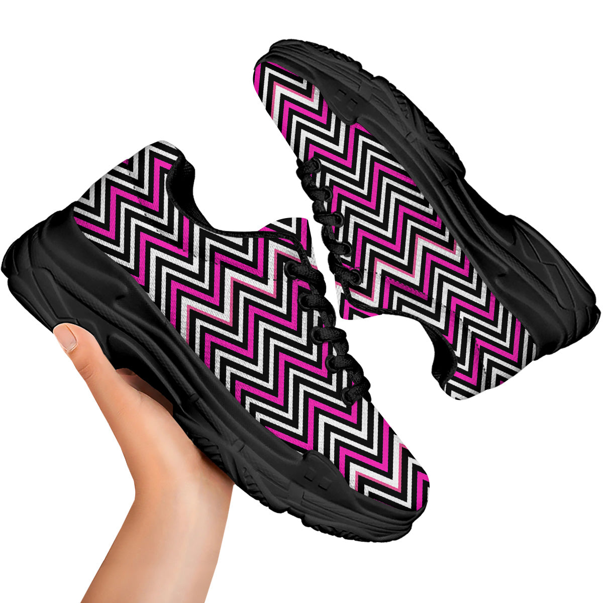 Pink White Black Zigzag Print Pattern Black Chunky Shoes-grizzshop