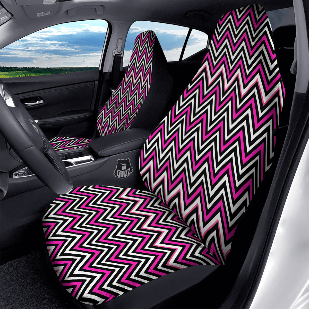 Pink White Black Zigzag Print Pattern Car Seat Covers-grizzshop