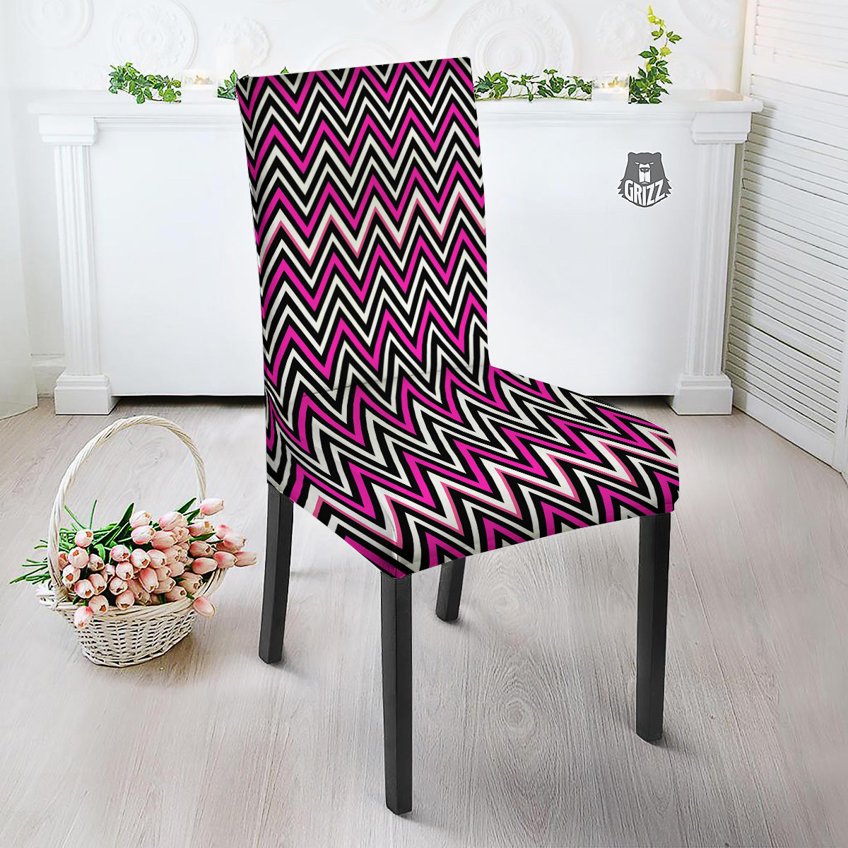 Pink White Black Zigzag Print Pattern Dining Chair Slipcover-grizzshop