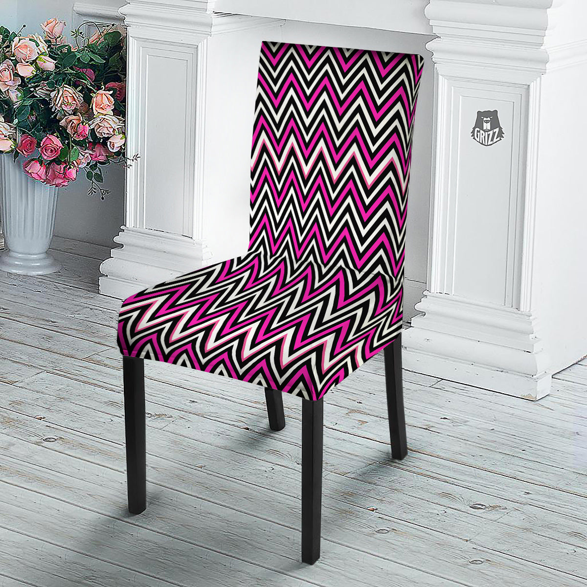 Pink White Black Zigzag Print Pattern Dining Chair Slipcover-grizzshop