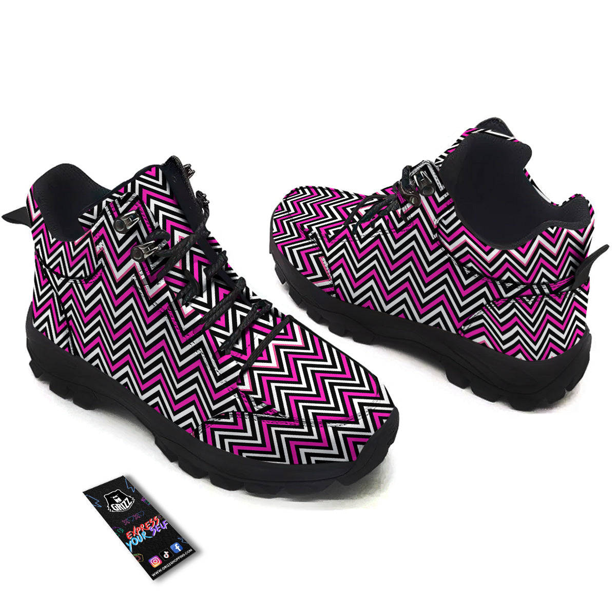 Pink White Black Zigzag Print Pattern Hiking Shoes-grizzshop