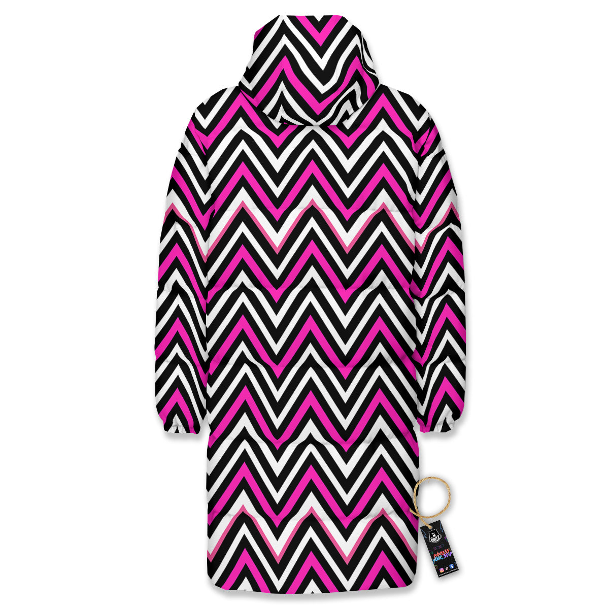 Pink White Black Zigzag Print Pattern Long Down Jacket-grizzshop