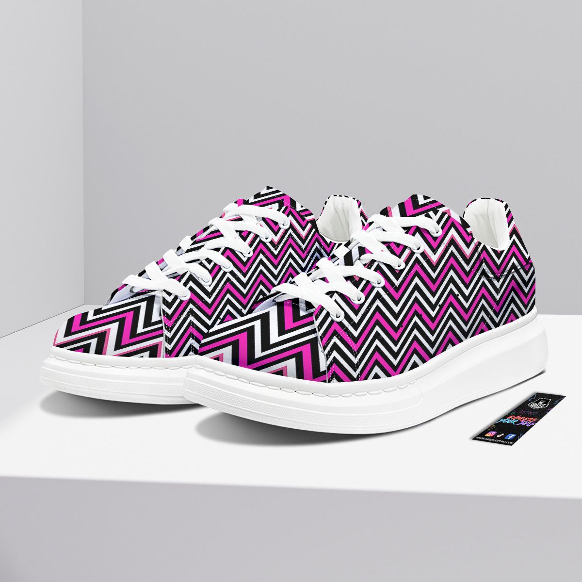 Pink White Black Zigzag Print Pattern Platform Shoes-grizzshop