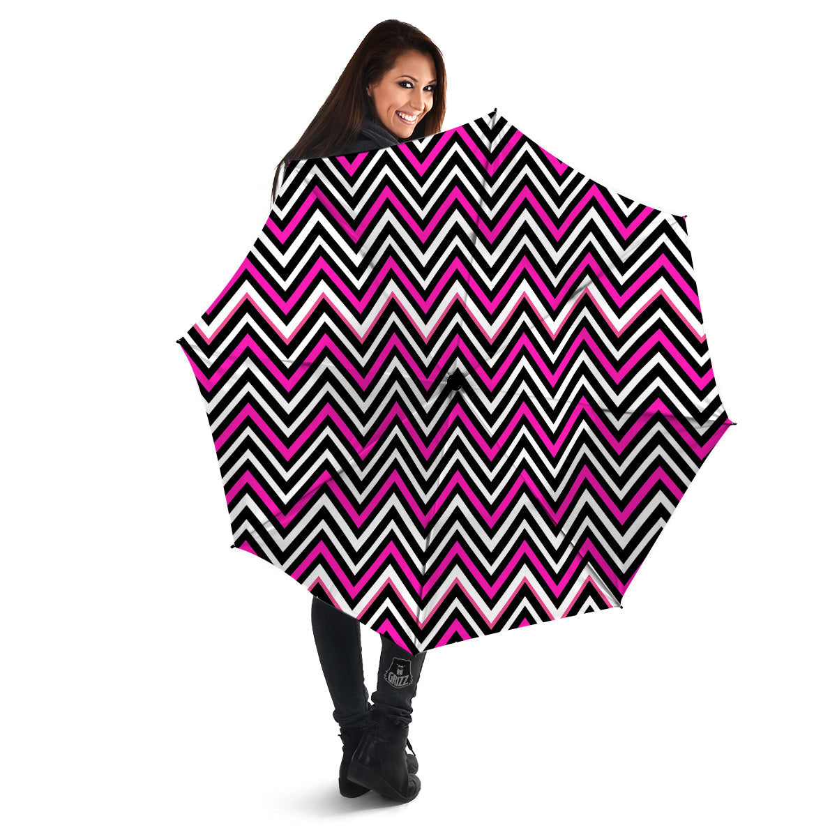 Pink White Black Zigzag Print Pattern Umbrella-grizzshop