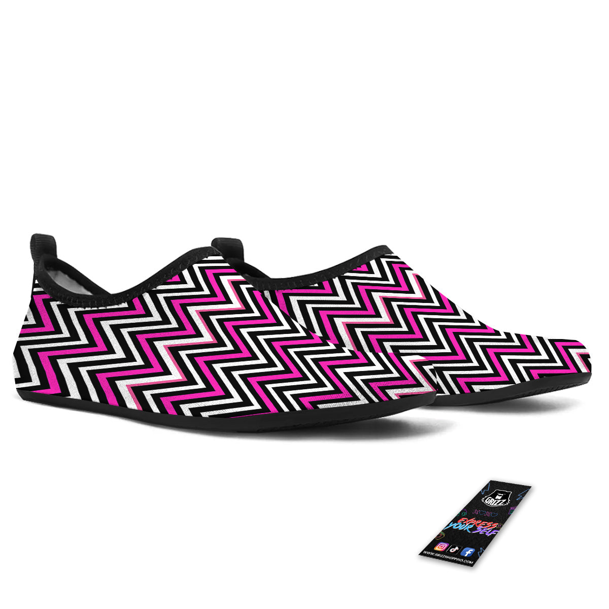Pink White Black Zigzag Print Pattern Water Shoes-grizzshop