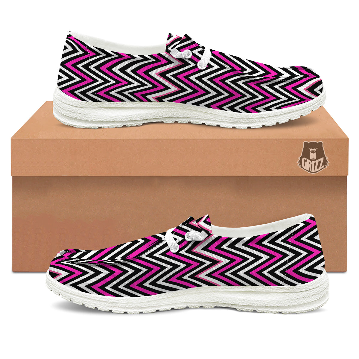Pink White Black Zigzag Print Pattern White Loafers-grizzshop