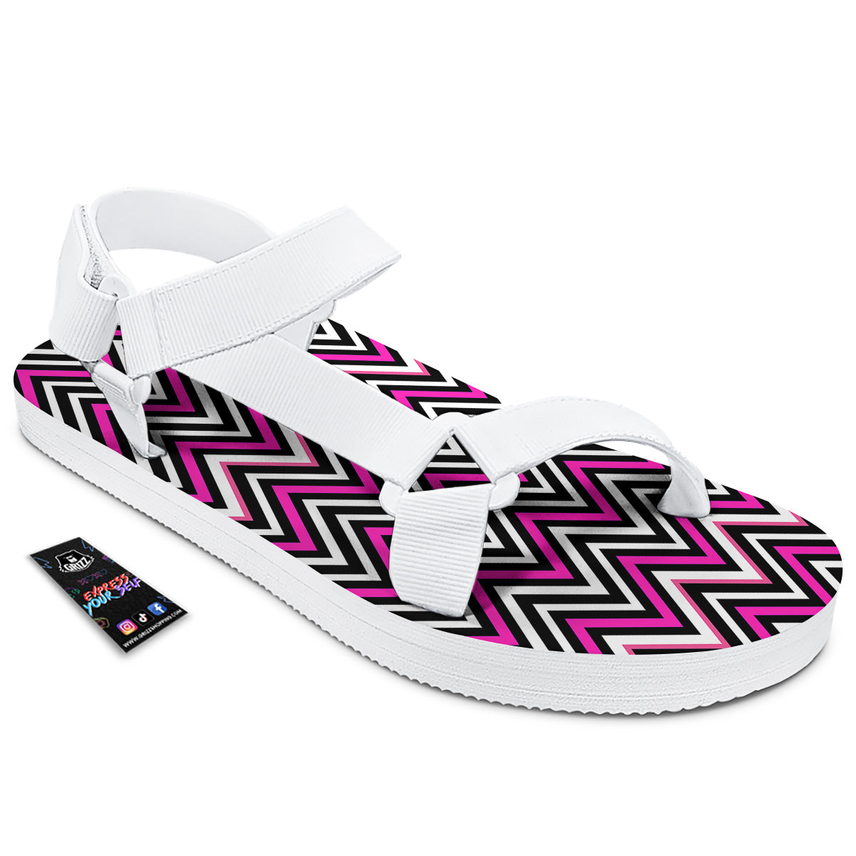 Pink White Black Zigzag Print Pattern White Open Toe Sandals-grizzshop