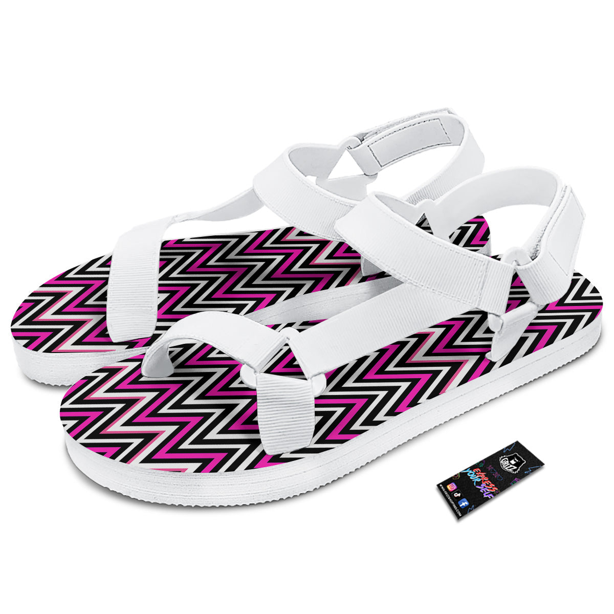 Pink White Black Zigzag Print Pattern White Open Toe Sandals-grizzshop
