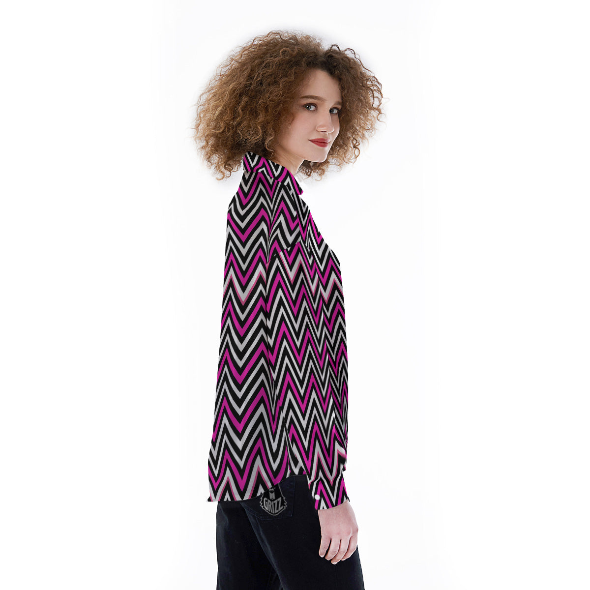 Pink White Black Zigzag Print Pattern Women's Long Sleeve Shirts-grizzshop