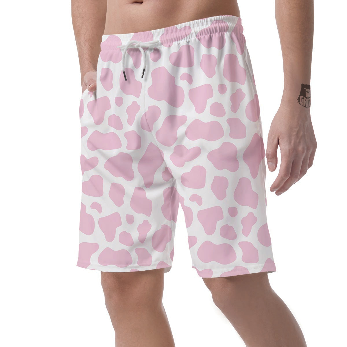 Pink White Cow Print Men's Shorts-grizzshop