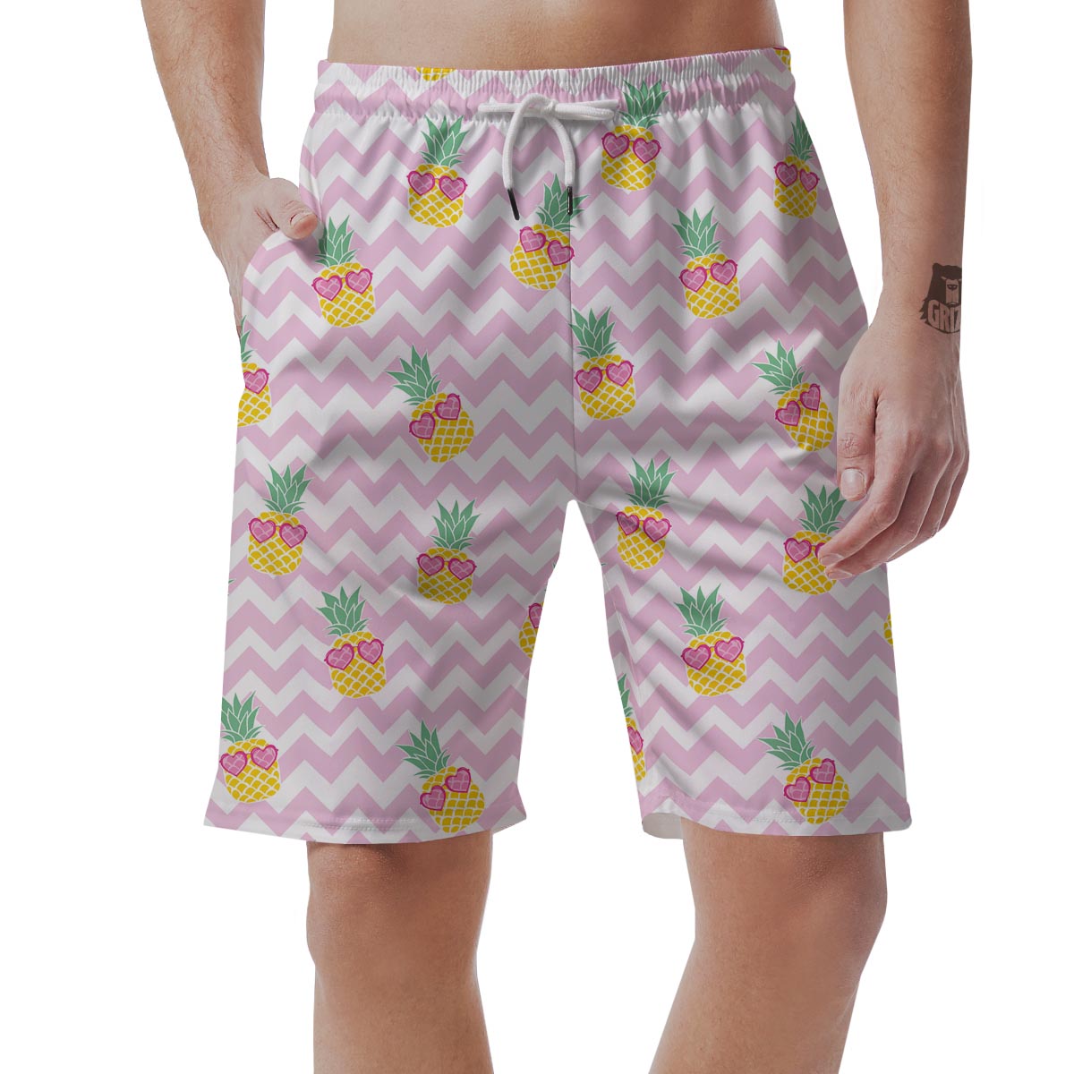 Pink Zig Zag Pineapple Print Men's Shorts-grizzshop