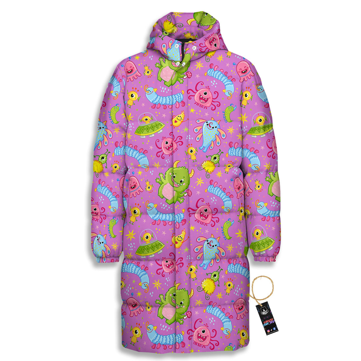 Pink Alien And Cute Monsters Print Pattern Long Down Jacket