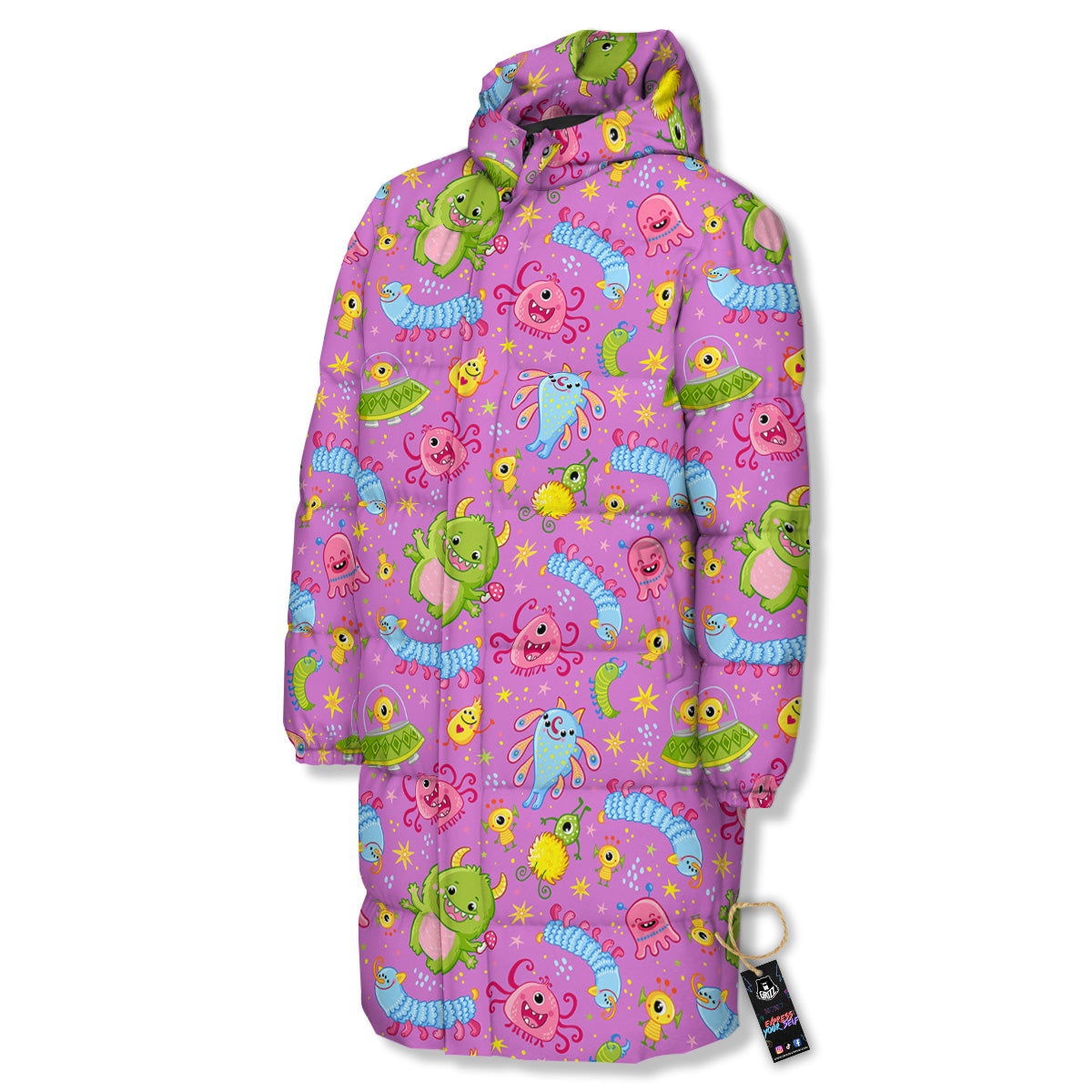 Pink Alien And Cute Monsters Print Pattern Long Down Jacket