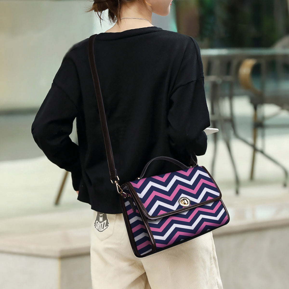 Pink And White Navy Chevron Print Women's Satchel Bag