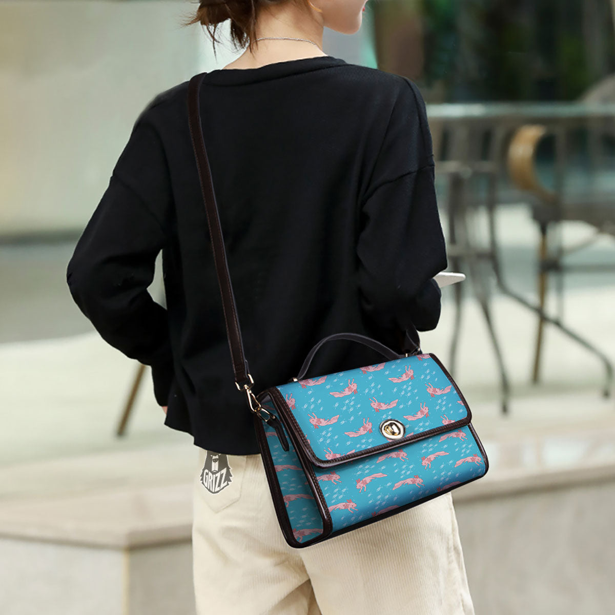 Pink Axolotl Teal Print Pattern Women's Satchel Bag