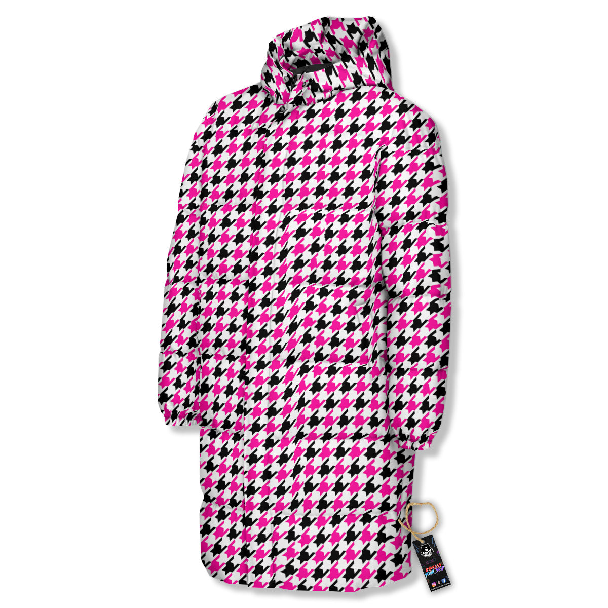 Pink Blac And White Houndstooth Print Long Down Jacket