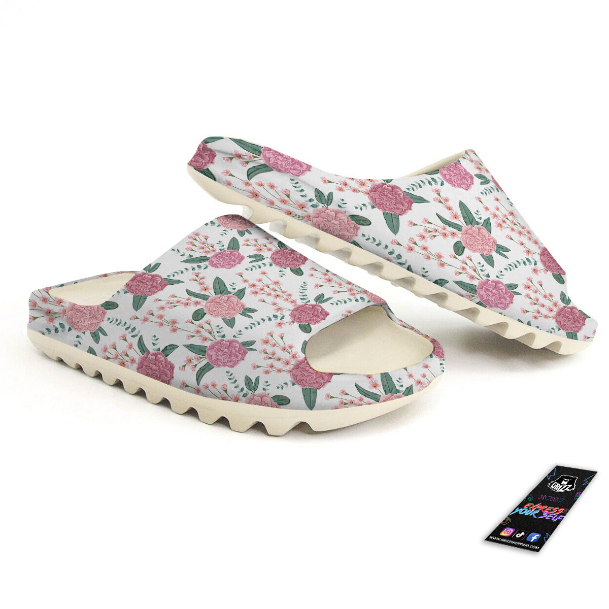Pink Carnation White Print Pattern Sandals-grizzshop