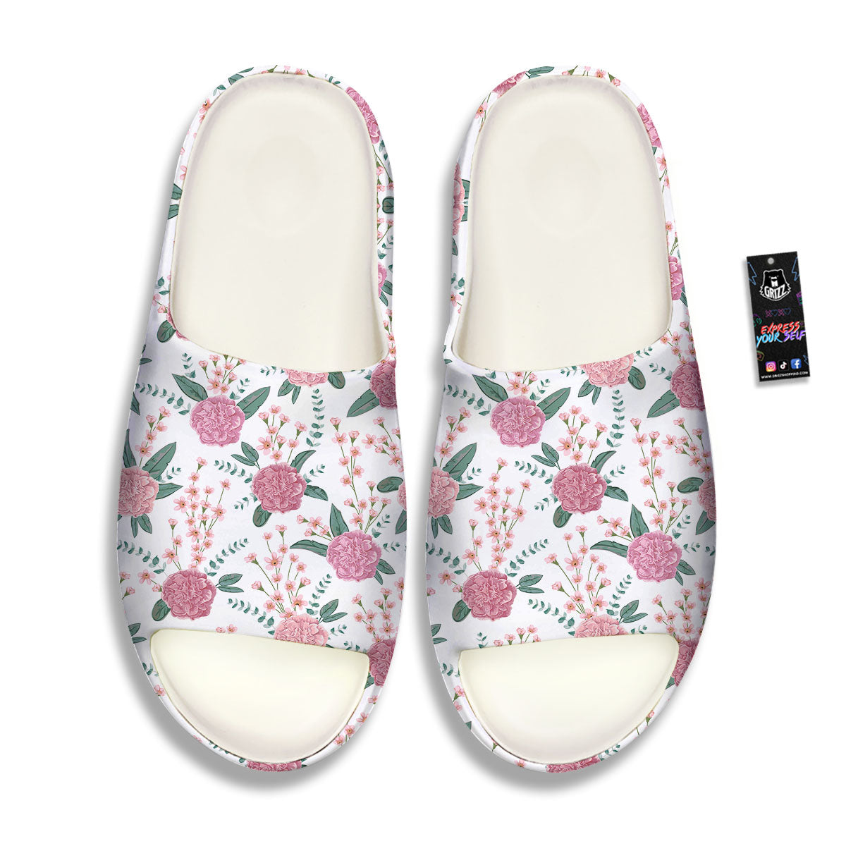 Pink Carnation White Print Pattern Sandals-grizzshop