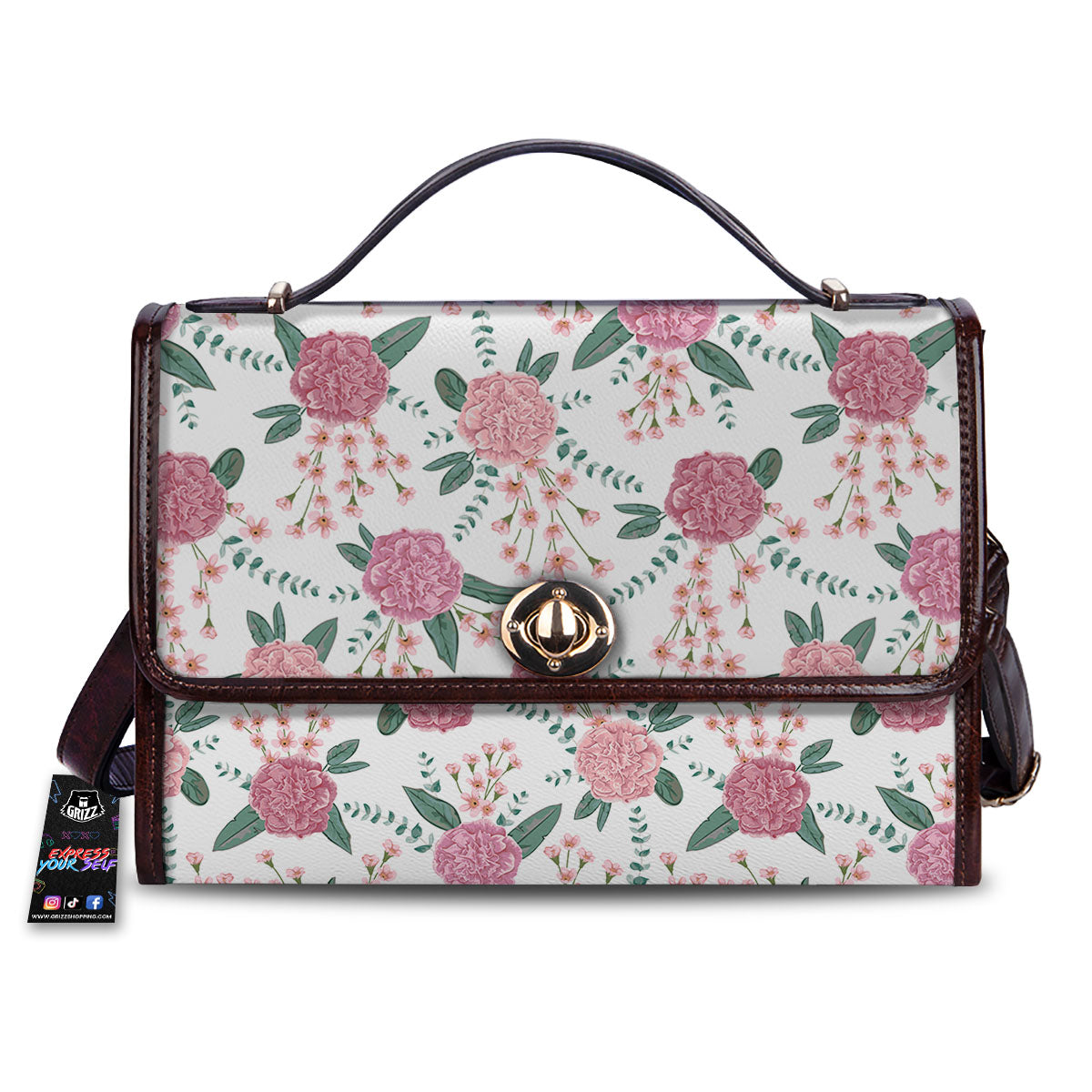 Pink Carnation White Print Pattern Women's Satchel Bag