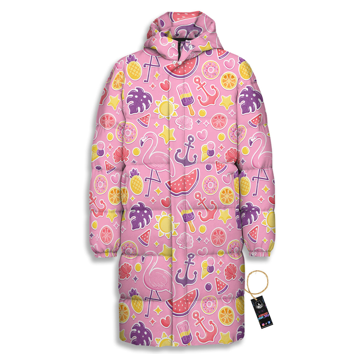 Pink Flamingo Summer Beach Print Pattern Long Down Jacket