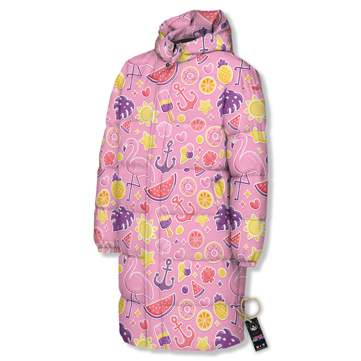 Pink Flamingo Summer Beach Print Pattern Long Down Jacket